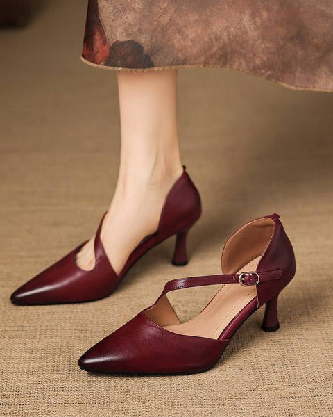 Avena — Genuine Leather Crossover Strap Heels in Burgundy