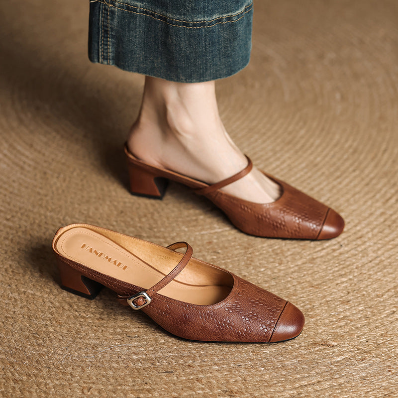 Mercedes — Embossed Mary Jane Block-Heel Mules