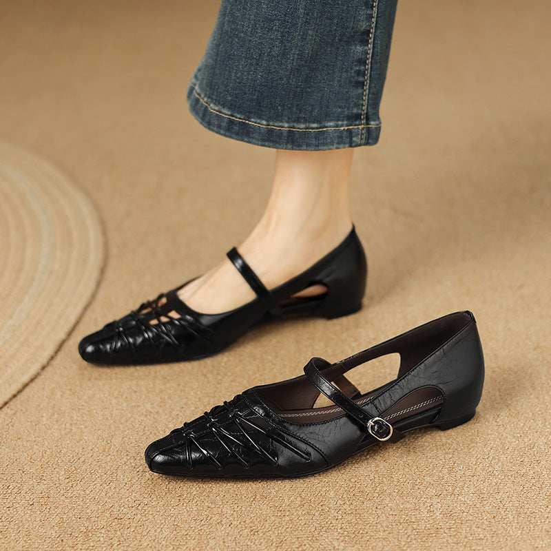 Quenby — Pointed Lattice-Cut Mary Jane Flat - Black