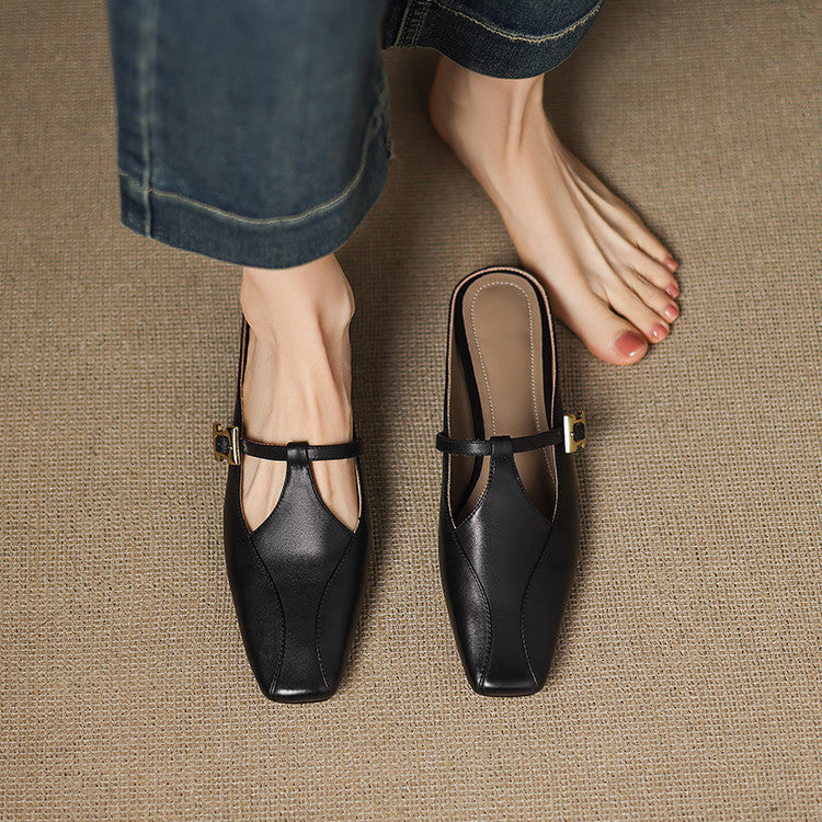 Hephzibah — Buckle T-Strap Flat Mules
