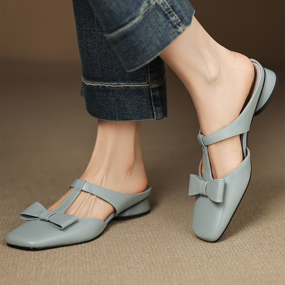 Ludovica — Bow T-Bar Low-Heel Mules