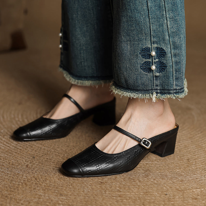 Mercedes — Embossed Mary Jane Block-Heel Mules