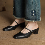 Mercedes — Embossed Mary Jane Block-Heel Mules