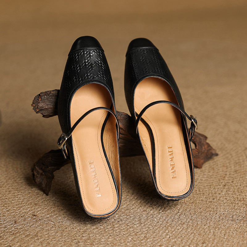 Mercedes — Embossed Mary Jane Block-Heel Mules