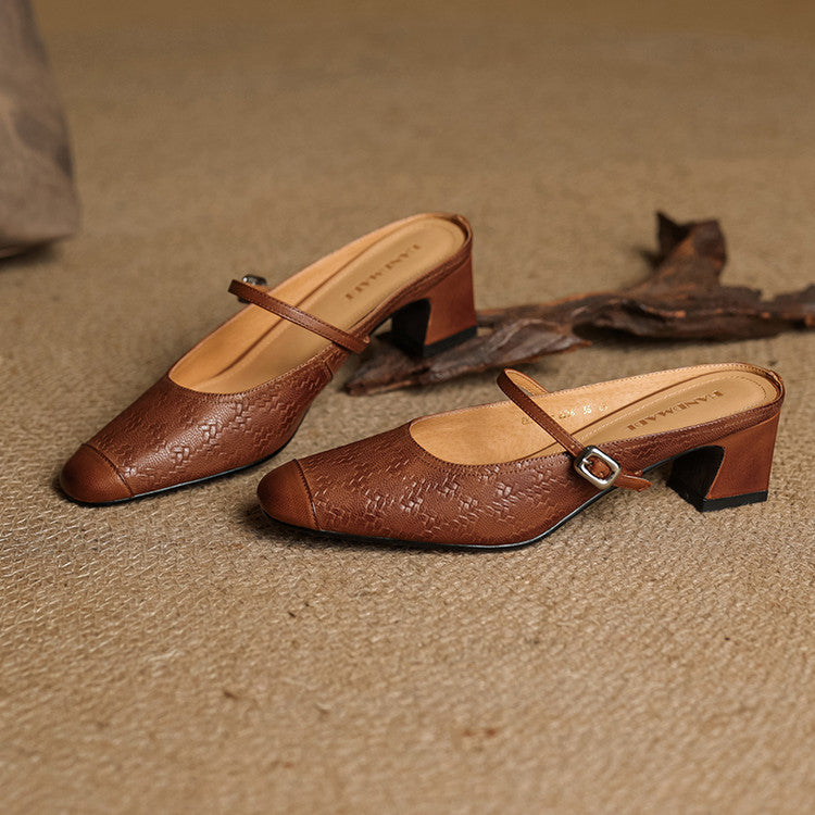 Mercedes — Embossed Mary Jane Block-Heel Mules