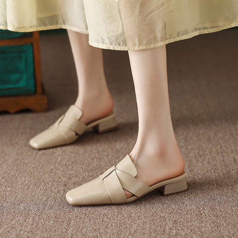 Aleena — Cross-Strap Square-Toe Block-Heel Mules