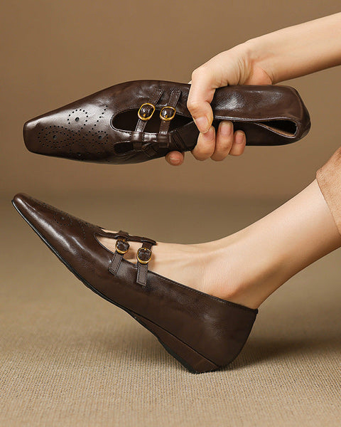 Ceyla — Brogued Double-Strap Mary Jane Flat - Brown
