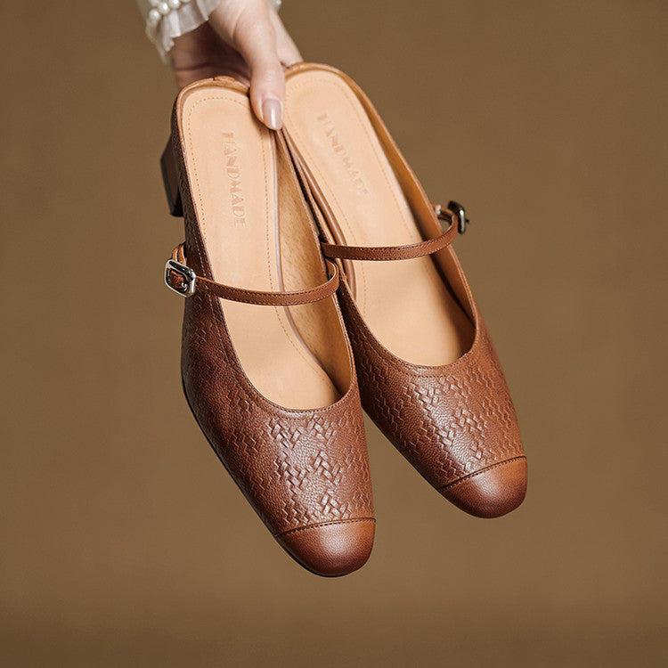Mercedes — Embossed Mary Jane Block-Heel Mules