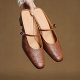 Mercedes — Embossed Mary Jane Block-Heel Mules