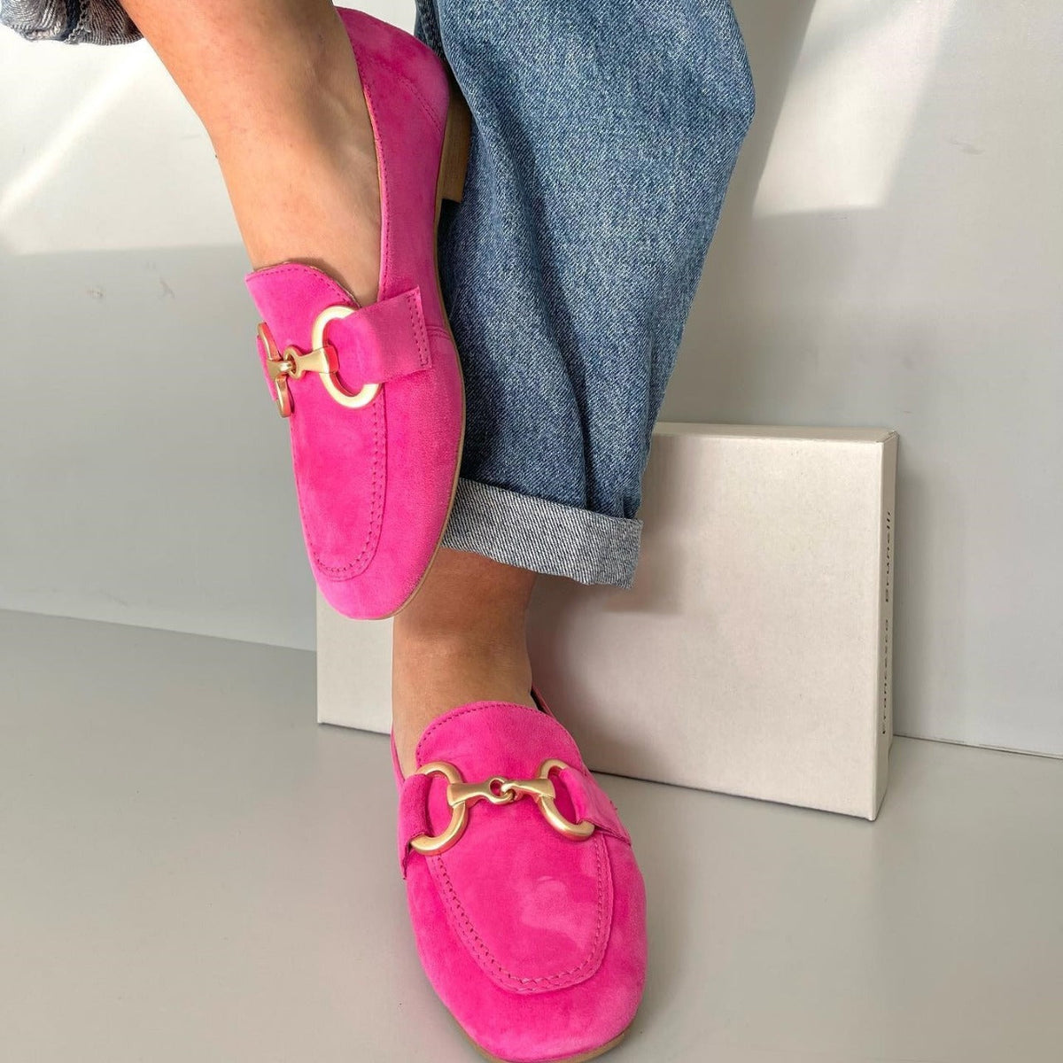 Dania — Pink Suede-Look Loafers with Gold Bit