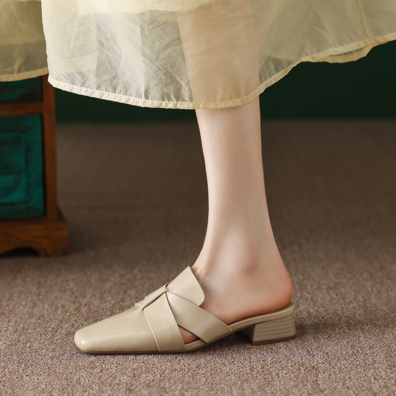 Aleena — Cross-Strap Square-Toe Block-Heel Mules