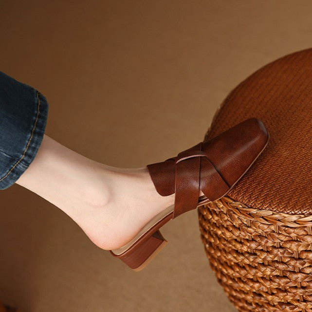 Aleena — Cross-Strap Square-Toe Block-Heel Mules