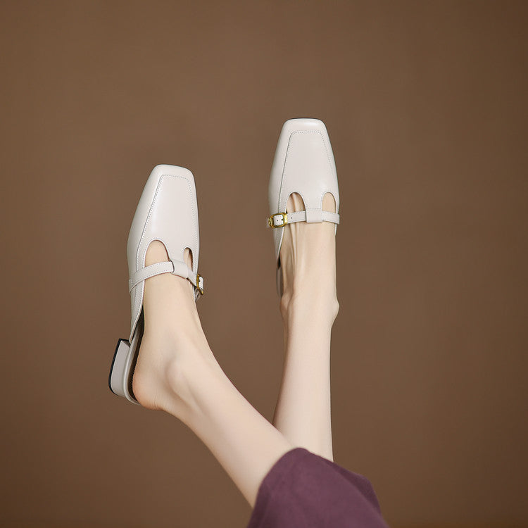 Zaira — Square-Toe T-Strap Mules
