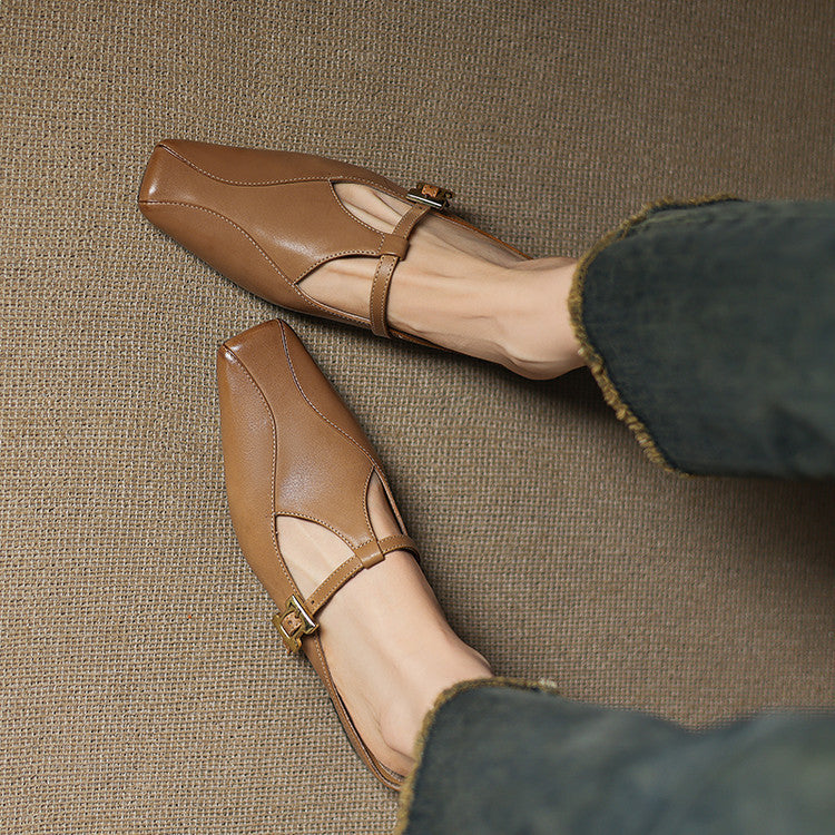 Hephzibah — Buckle T-Strap Flat Mules