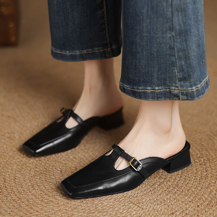 Zaira — Square-Toe T-Strap Mules