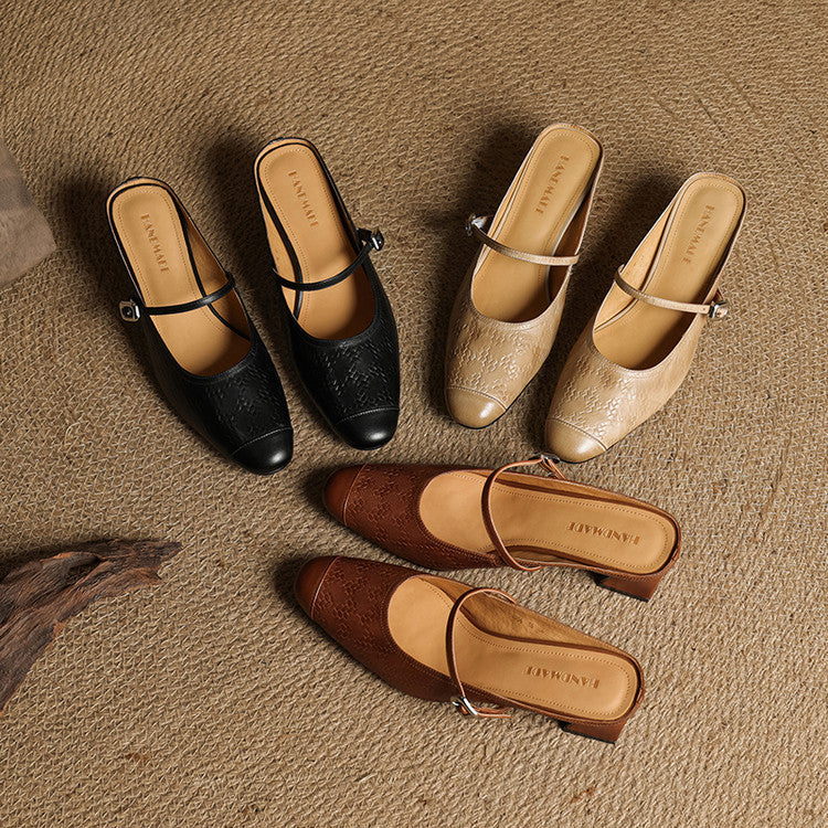 Mercedes — Embossed Mary Jane Block-Heel Mules