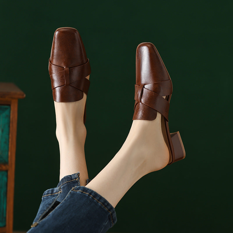 Aleena — Cross-Strap Square-Toe Block-Heel Mules