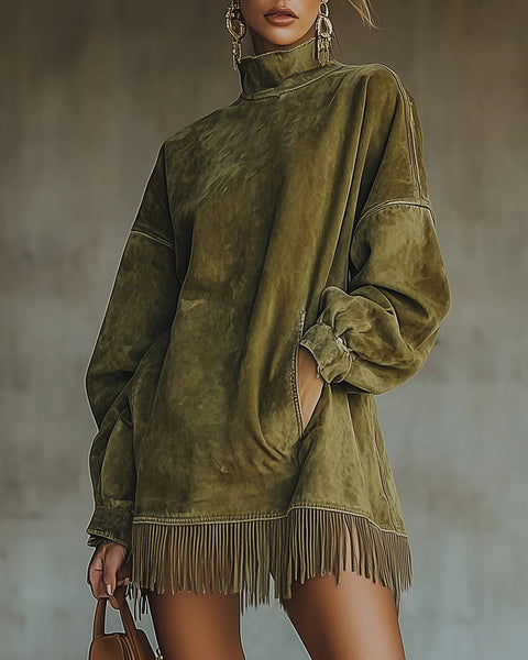 Gabriela — Suede Dress with High Neck and Fringe