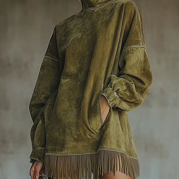 Gabriela — Suede Dress with High Neck and Fringe