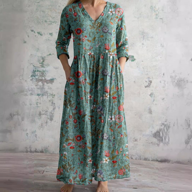 Odilia — Teal Wildflower Print V-Neck Maxi Dress