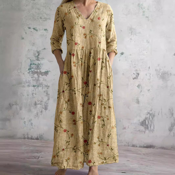 Alenka — Golden Vine Print V-Neck Maxi Dress