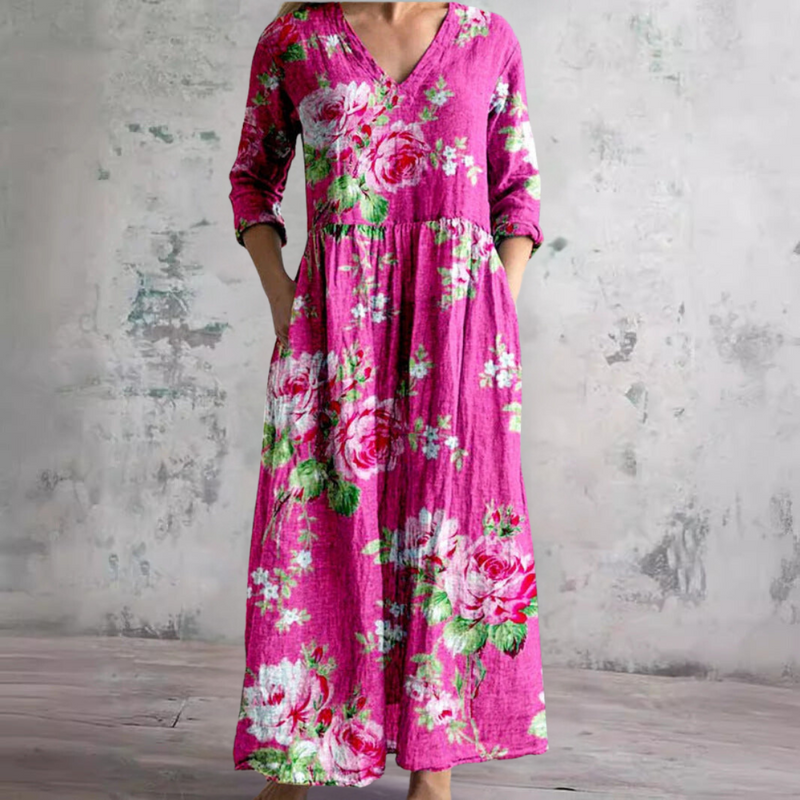 Imke — Fuchsia Rose Print V-Neck Maxi Dress