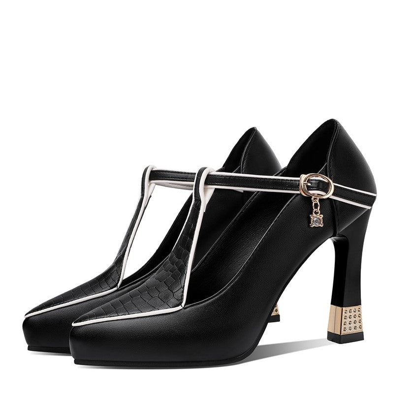 Kaori — T-Bar Platform Court Shoes with Jewel Charm and Crystal Heel