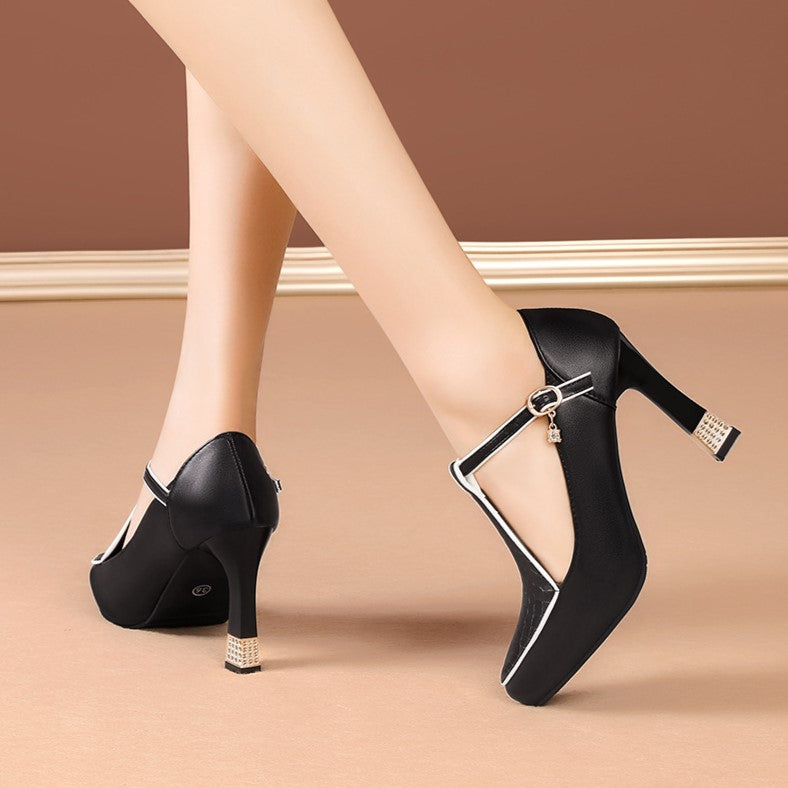 Kaori — T-Bar Platform Court Shoes with Jewel Charm and Crystal Heel