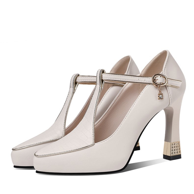 Kaori — T-Bar Platform Court Shoes with Jewel Charm and Crystal Heel