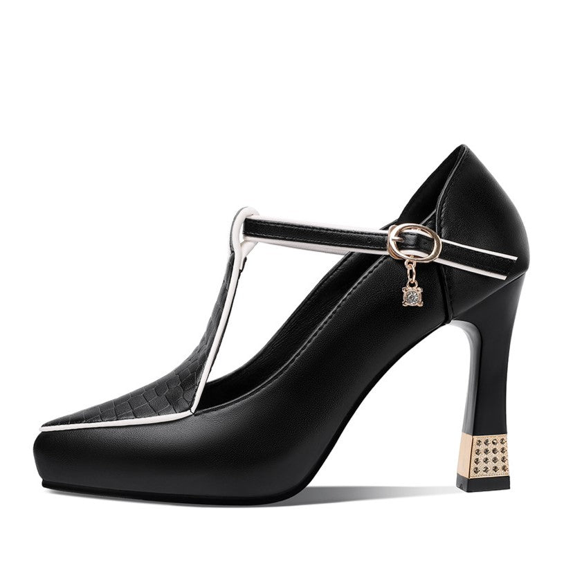 Kaori — T-Bar Platform Court Shoes with Jewel Charm and Crystal Heel