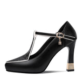 Kaori — T-Bar Platform Court Shoes with Jewel Charm and Crystal Heel