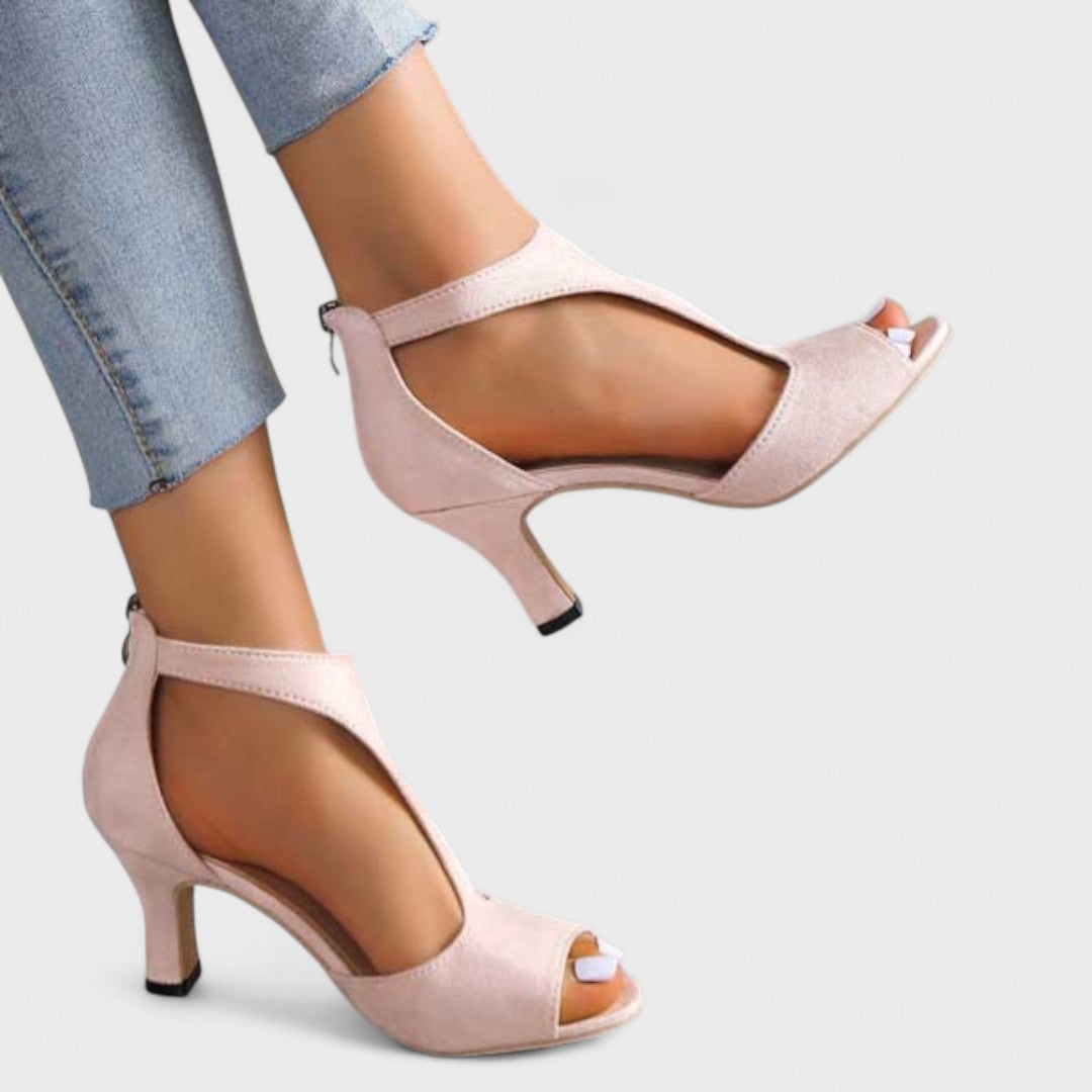 Emiko — Orthopaedic T-Bar Peep-Toe Heeled Sandals with Back Zip