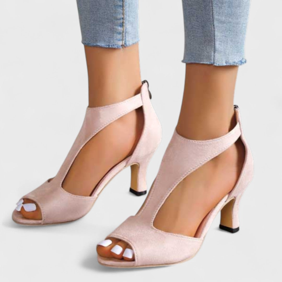 Emiko — Orthopaedic T-Bar Peep-Toe Heeled Sandals with Back Zip
