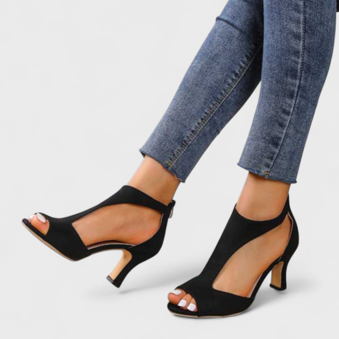 Emiko — Orthopaedic T-Bar Peep-Toe Heeled Sandals with Back Zip