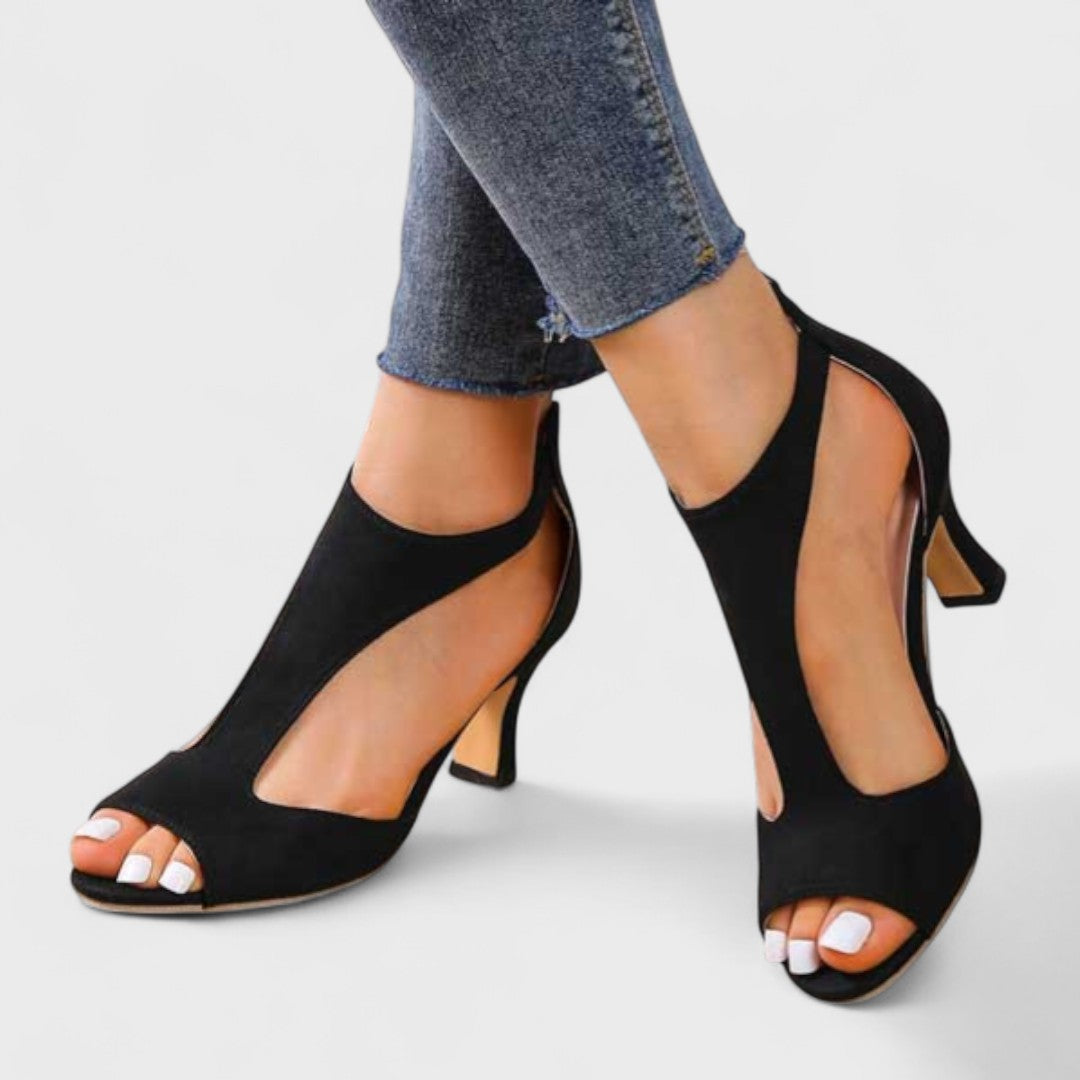 Emiko — Orthopaedic T-Bar Peep-Toe Heeled Sandals with Back Zip