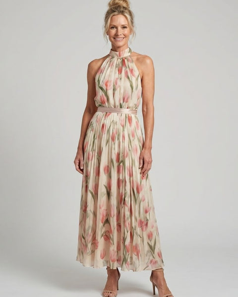 Garance — Cream Floral Halter Midi Dress with Belted Waist