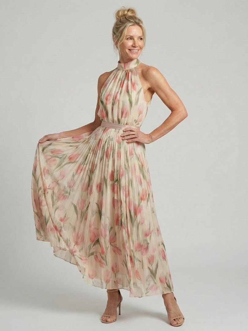Garance — Cream Floral Halter Midi Dress with Belted Waist