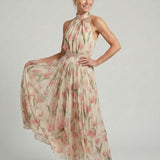 Garance — Cream Floral Halter Midi Dress with Belted Waist