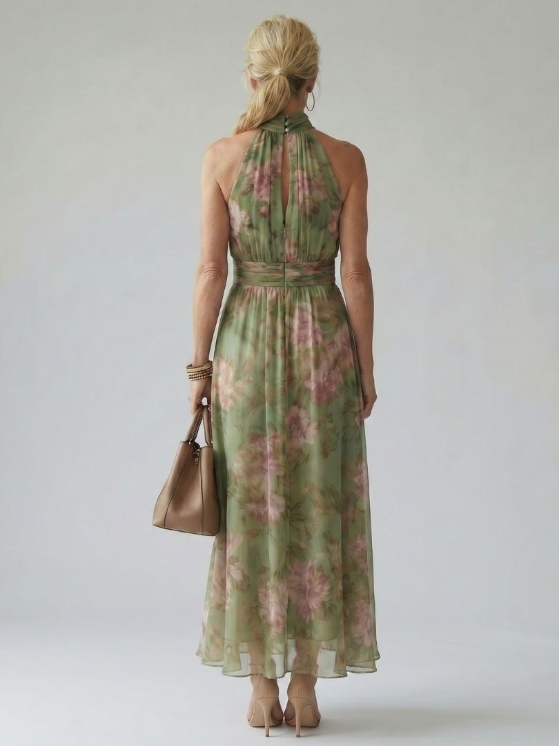 Abelone — Sage Green Floral Halter Midi Dress with Gathered Waist
