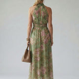 Abelone — Sage Green Floral Halter Midi Dress with Gathered Waist