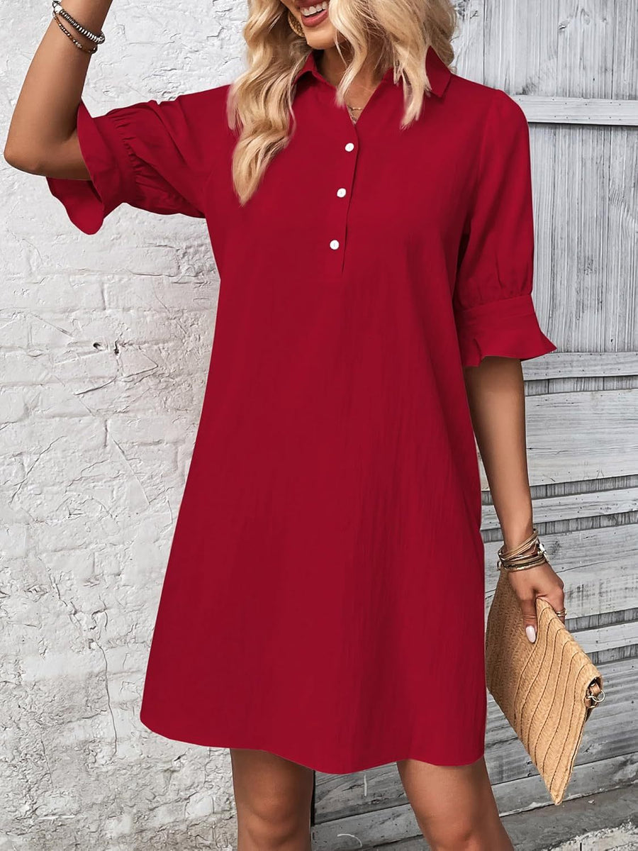 Maelle — Button-Placket Dress with Ruffle Sleeves and Collar