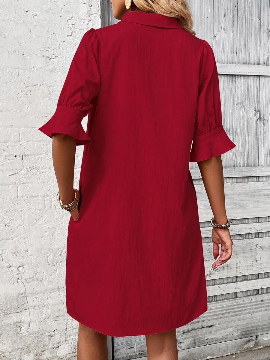 Maelle — Button-Placket Dress with Ruffle Sleeves and Collar