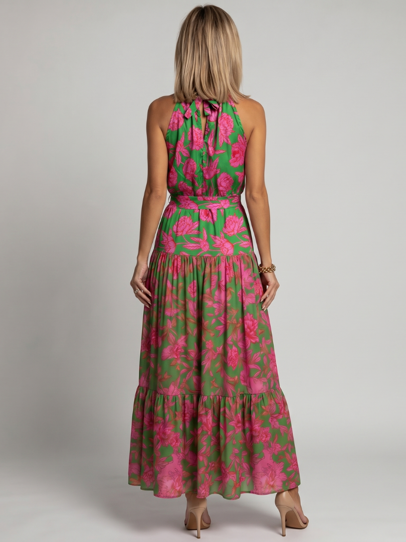 Ilenia — Green and Pink Floral Halter Midi Dress with Tiered Skirt