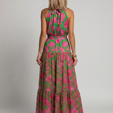 Ilenia — Green and Pink Floral Halter Midi Dress with Tiered Skirt