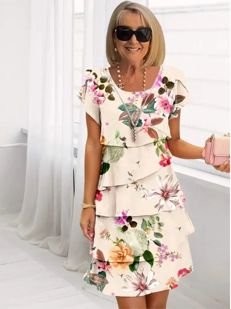 Elia — Cream Floral Tiered Ruffle Dress