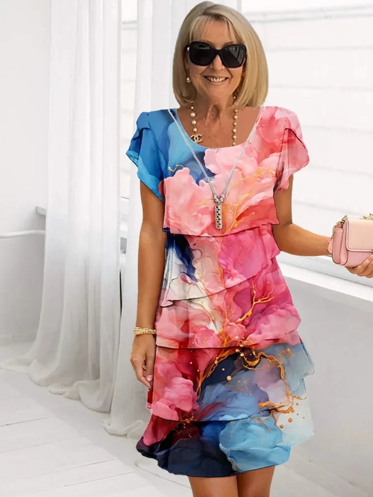Fawn — Pink and Blue Watercolour Tiered Ruffle Dress
