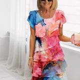 Fawn — Pink and Blue Watercolour Tiered Ruffle Dress