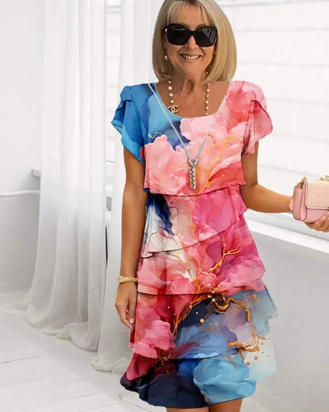 Fawn — Pink and Blue Watercolour Tiered Ruffle Dress