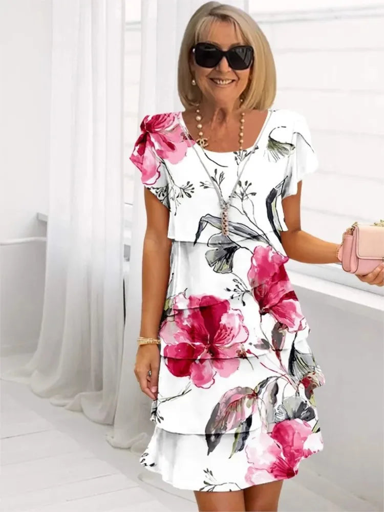 Emmy — White Peony Floral Tiered Ruffle Dress