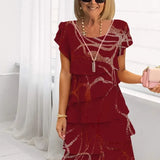 Flynn — Burgundy Brushstroke-Print Tiered Ruffle Dress